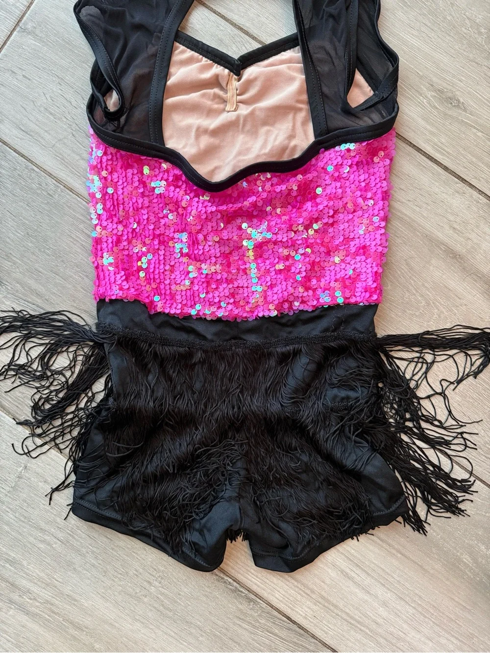 Weissman Hot Pink Sequin Dance Costume with Black Fringe